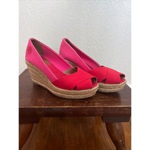Tory Burch Filipa Color Block Espadrilles Pink Red Wedge Heel Size 5.5